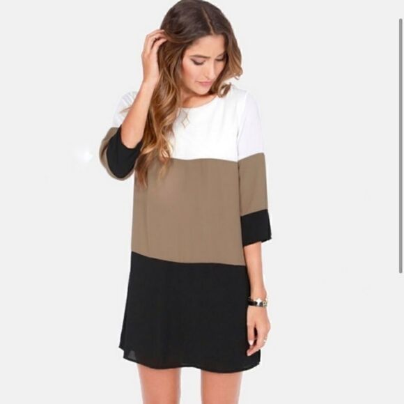 Lulus Citrus Grove Taupe Colorblock Shift Dress - Picture 1 of 12